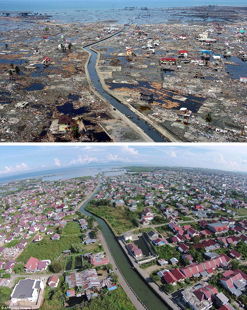 The district of Banda Aceh in Aceh province, located on Indonesia's Sumatra island, just days after the massive Boxing Day tsunami of 2004, and below it the same location photographed on December 1, 2014 