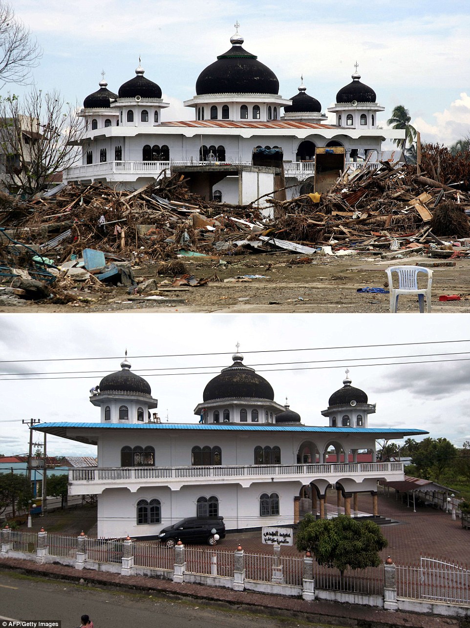 The first photo was taken on January 15, 2004, and shows houses surrounding the mosque in Meulaboh destroyed on Indonesia's Sumatra island, and the same mosque photographed on November 30, 2014