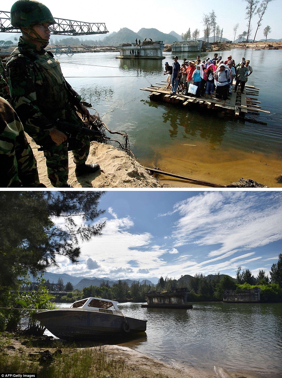 These two pictures show Lhoknga in Aceh province, the top one taken on January 23, 2005 showing residents using an improvised raft to cross a river as an Indonesian soldier guards the area, and the same location photographed on November 29, 2014 (bottom) showing the abandoned site and a new bridge constructed nearby
