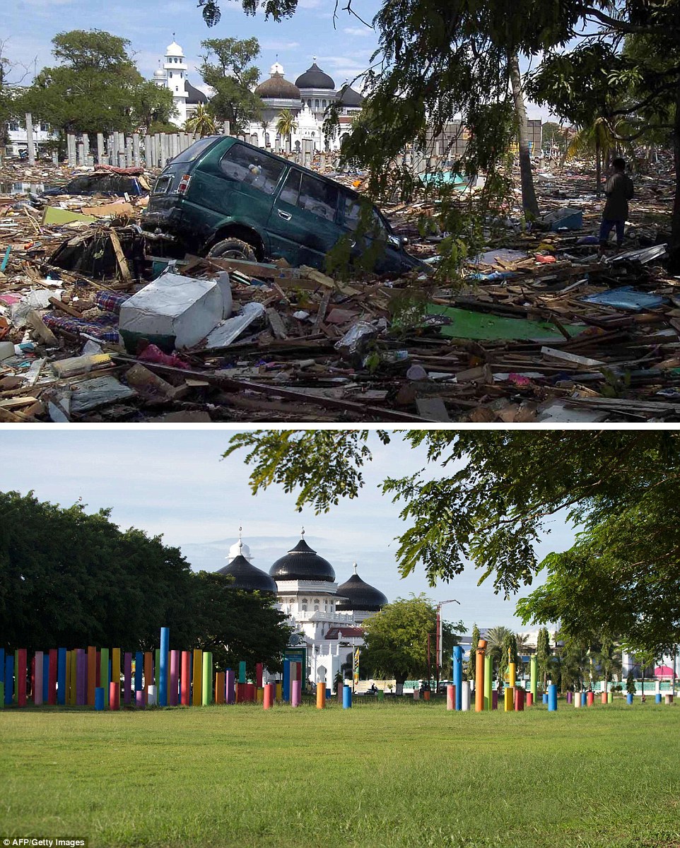 The top shoto was taken just days after the 2004 tsunami, and shows heavy debris spread across the grounds of Banda Aceh's Baiturrahaman mosque in Aceh province, and the same location photographed on November 27, 2014 (bottom) showing the renovated grounds